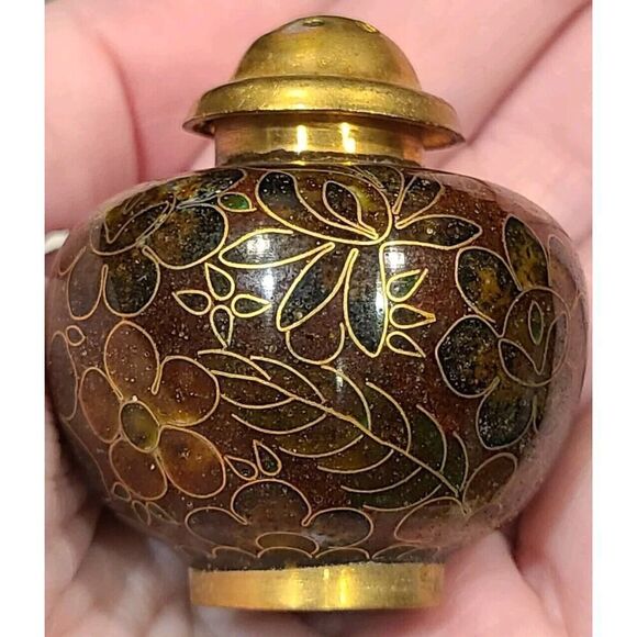 Cloisonné Open Salt Bowl Cellar Pepper Shaker Flower Enamel Brass Stacking Brown - Picture 5 of 8